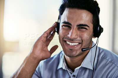 Buy stock photo Customer service agent, smile and portrait of happy man consulting with advice, help and happiness at desk. Phone call, conversation and callcenter consultant speaking into headset in modern office.