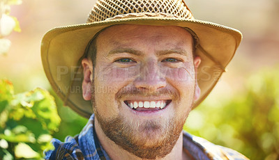 Buy stock photo Farmer, man and outdoor in portrait at vineyard with smile for growth, development or progress in summer. Person, agriculture and hat for grapes with sustainability, happy or quality control in Spain