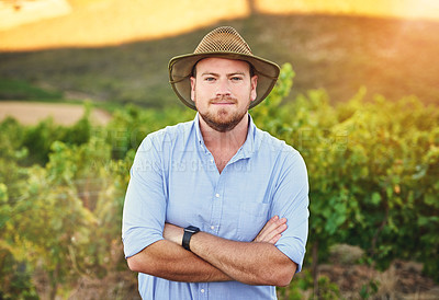 Buy stock photo Cropped shot of a middle-aged farmer posing on a vineyard