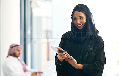 Buy stock photo Portrait, business people and Muslim woman with tablet, connection and confidence with career ambition. Face, employees and Islamic person with tech, financial advisor and digital app with internet