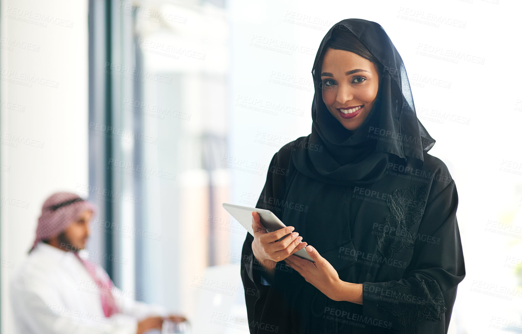 Buy stock photo Portrait, business people and Muslim woman with tablet, connection and confidence with career ambition. Face, employees and Islamic person with tech, financial advisor and digital app with internet