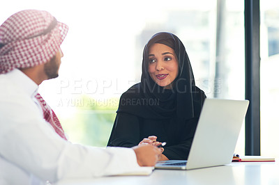 Buy stock photo Muslim, people and  teamwork in office on project with laptop in Dubai for advice on report. Arab, woman and man in business training or learning software for coworking collaboration and feedback