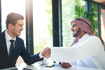 Buy stock photo Arab, businesspeople and happy with handshake in office, recruitment and muslim employee for greeting. B2b partnership, collaboration and congratulation gesture for deal, company and onboarding