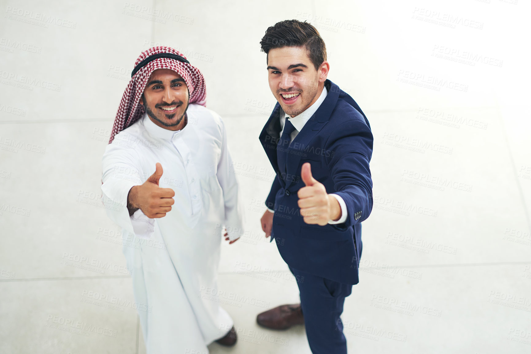 Buy stock photo Arab, business and people with thumbs up in office, agreement and company opportunity approval for deal. Employee, diversity and trust or support, collaboration and professional with hand gesture 
