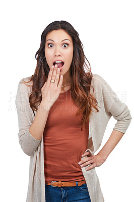 Buy stock photo Portrait of a confident young woman looking surprised in studio