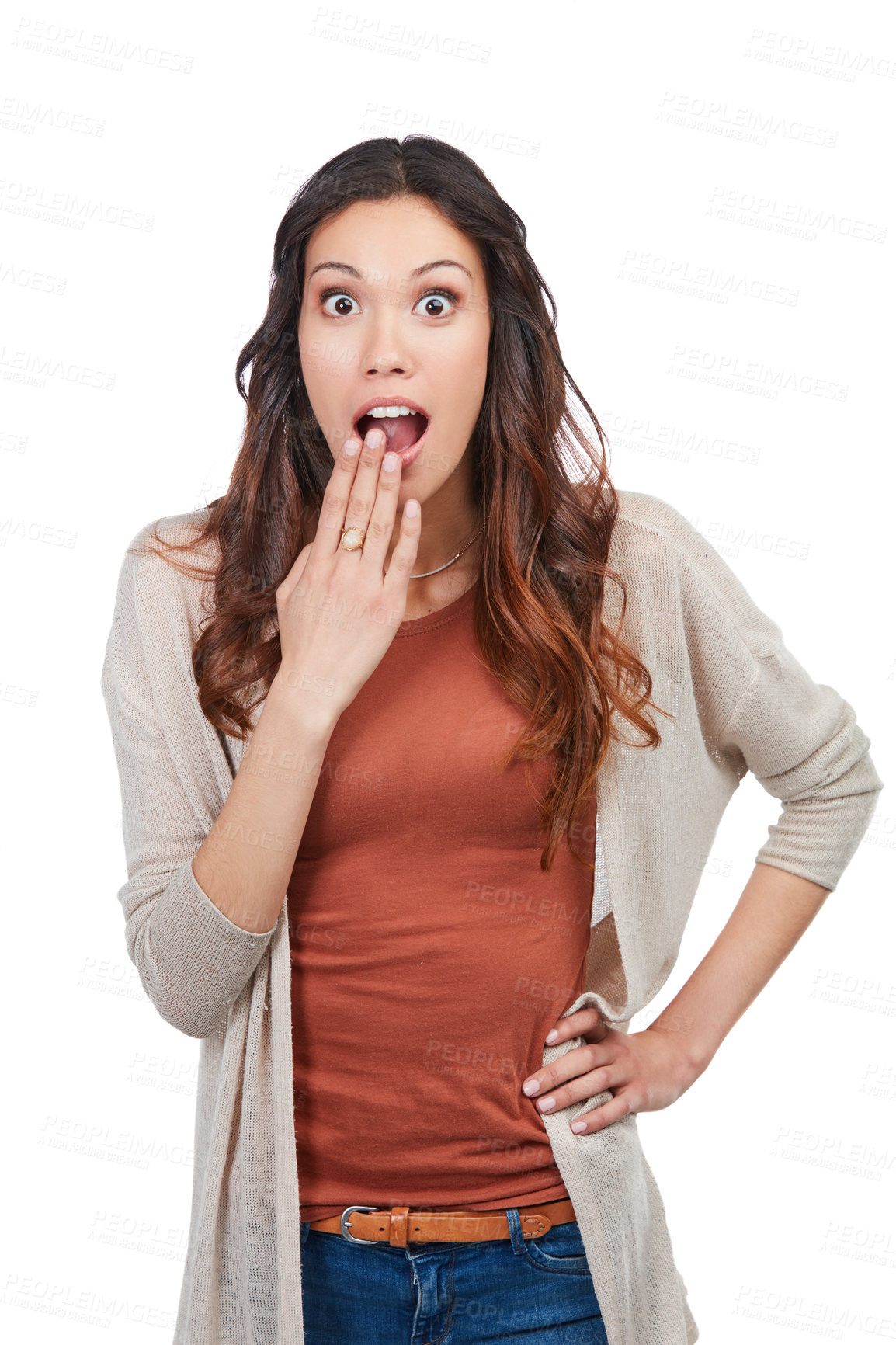 Buy stock photo Portrait of a confident young woman looking surprised in studio