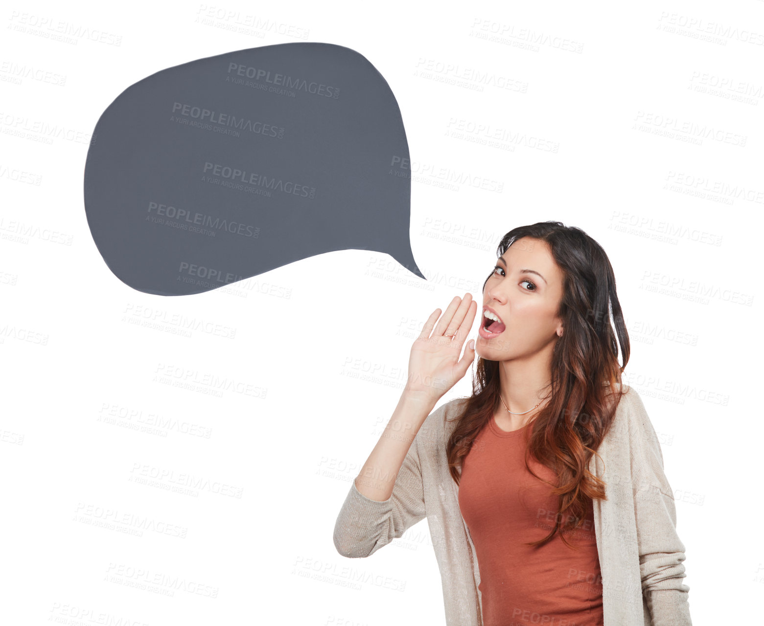 Buy stock photo Woman, voice and speech bubble in studio for social media news, announcement or language school with mockup. Portrait of teacher with chat, quote and opportunity or communication on white background