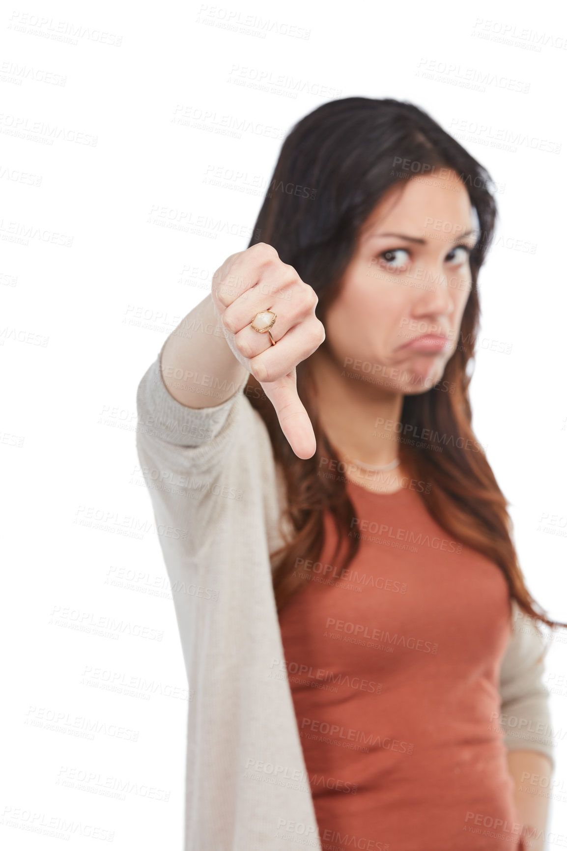 Buy stock photo Thumbs down, portrait or woman frown in studio, wrong choice or negative feedback for disappointment. Emoji, upset or sad person with hand gesture for rejection, poor decision or white background