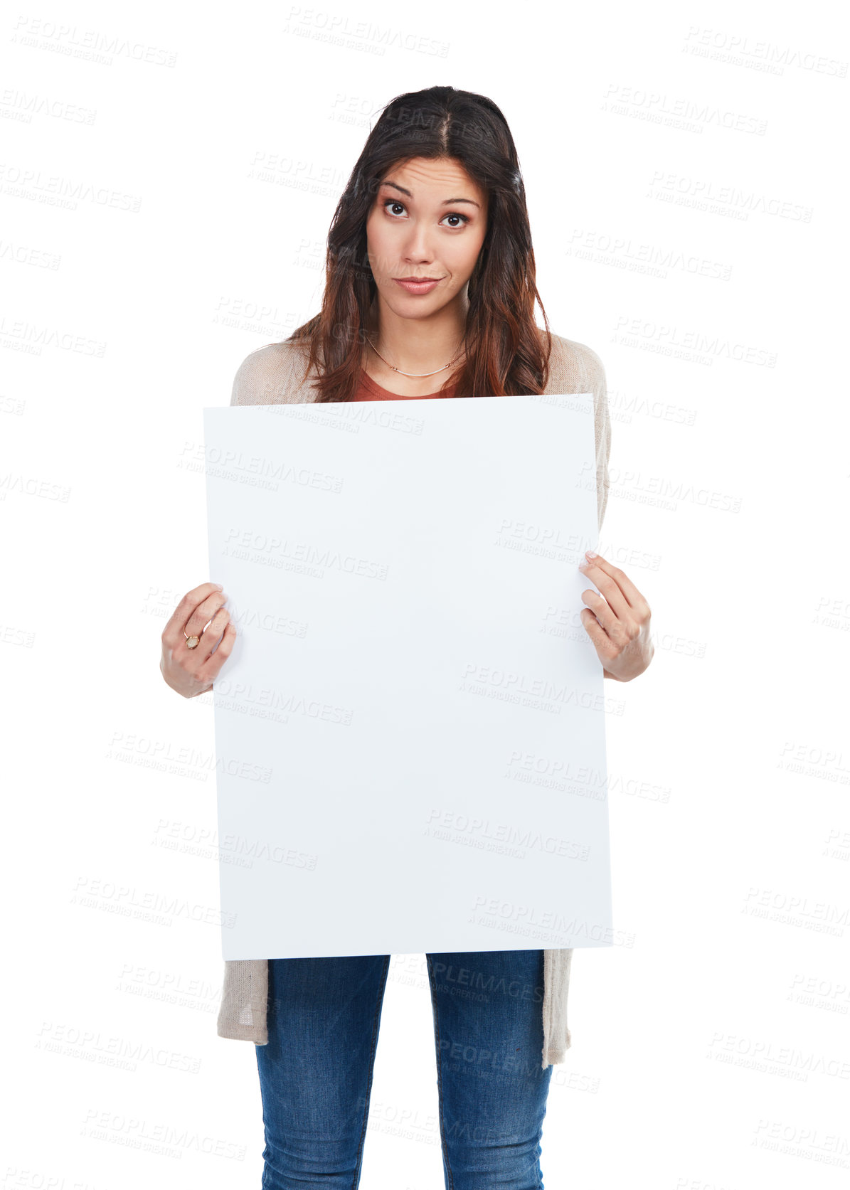 Buy stock photo Woman, confused and poster mockup in studio for learning, presentation and education news. Portrait of person or student in doubt, question or study choice for college on paper and a white background