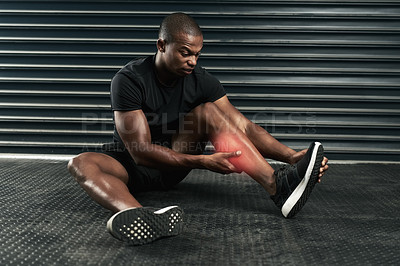 Buy stock photo Fitness, injury and black man with muscle pain on floor for sports strain, accident or swollen tendon. Leg, overlay and athlete with exercise emergency for fatigue, inflammation or medical issue