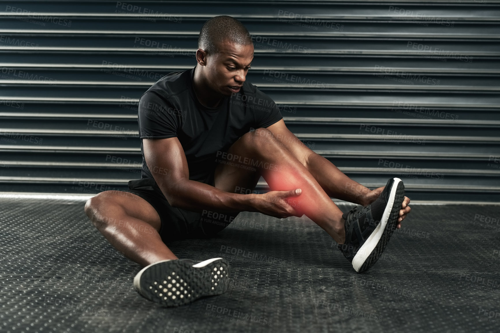 Buy stock photo Fitness, injury and black man with muscle pain on floor for sports strain, accident or swollen tendon. Leg, overlay and athlete with exercise emergency for fatigue, inflammation or medical issue