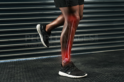 Buy stock photo Rearview shot of an unrecognizable man's legs during a workout