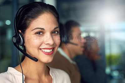 Buy stock photo Call center, woman and portrait with contact us, crm and customer service job with smile. Phone help, sale and web advice employee with happiness from telemarketing and internet work in office mockup