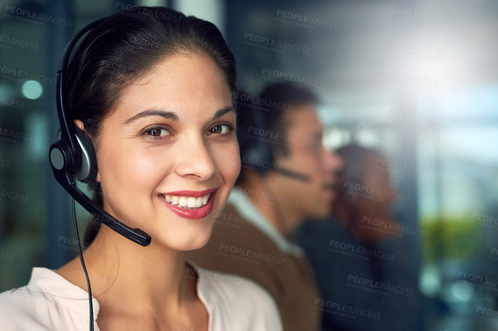 Buy stock photo Call center, woman and portrait with contact us, crm and customer service job with smile. Phone help, sale and web advice employee with happiness from telemarketing and internet work in office mockup
