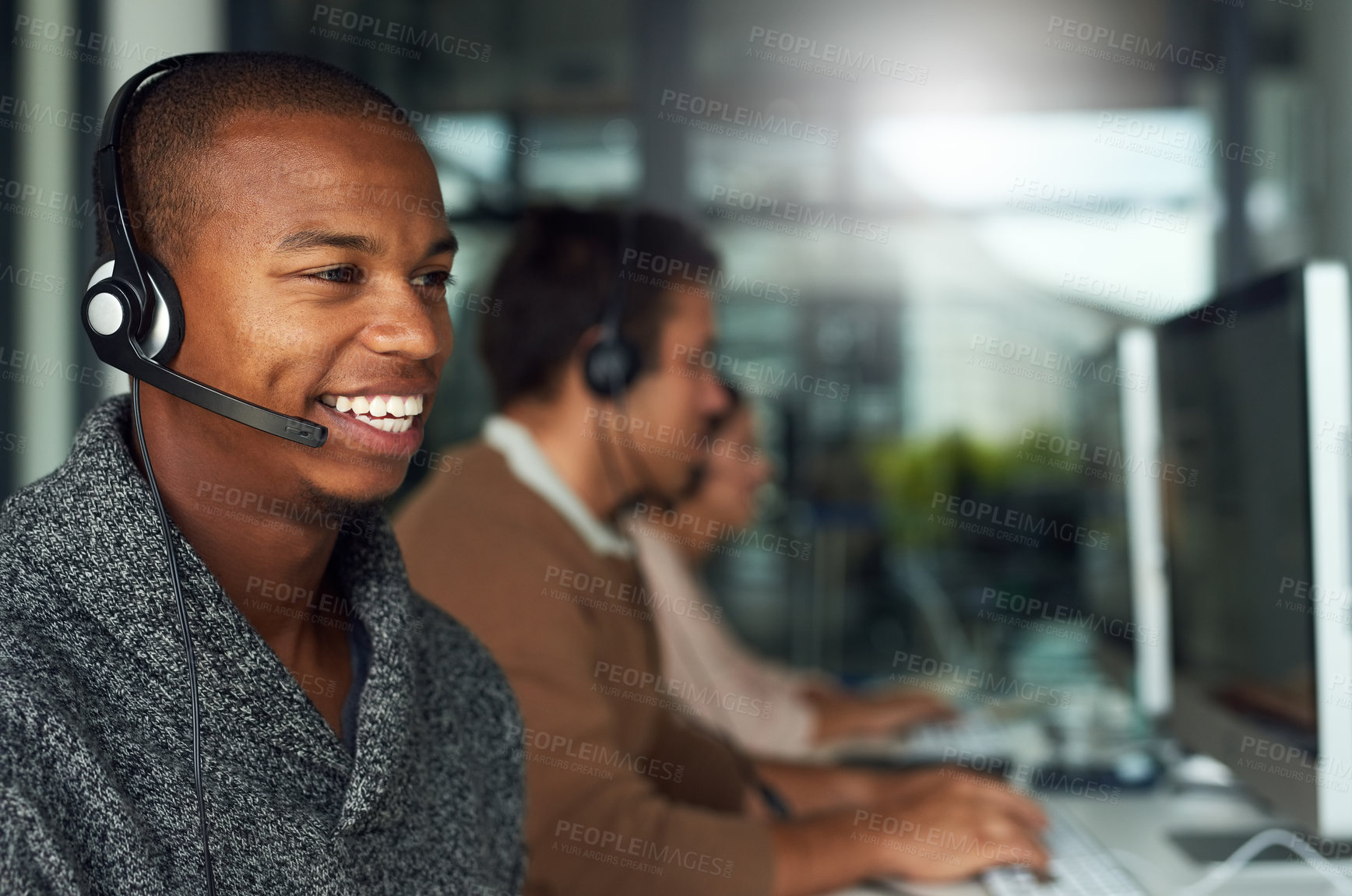 Buy stock photo Call center, customer service and male consultant in office doing online consultation. Communication, contact us and salesman or telemarketing agent working on crm strategy with headset in workplace.