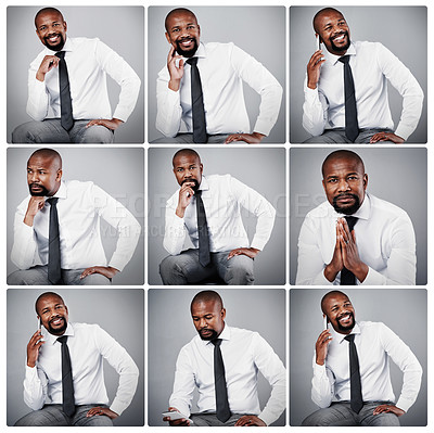 Buy stock photo Composite shot of a confident businessman posing against a gray background in the studio