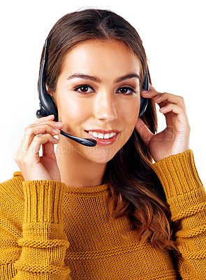 Buy stock photo Call center, consultant and portrait of woman isolated with smile and communication on white background. Telemarketing, crm and girl in headset at help desk for customer service phone call in studio.