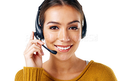 Buy stock photo Call center consultant, portrait of happy woman isolated with smile and communication on white background. Telemarketing, crm and woman in headset at help desk for customer service agency in studio.