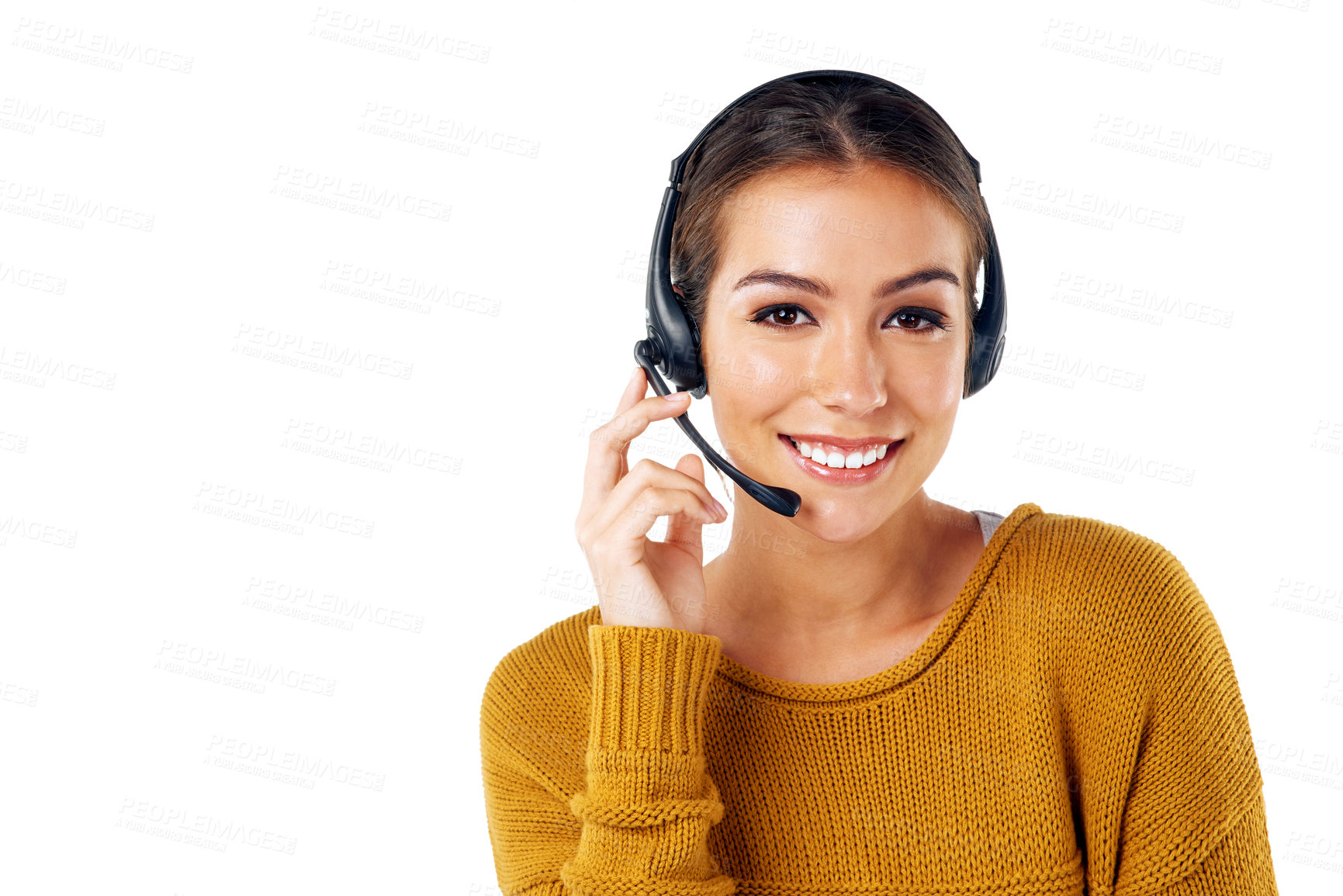 Buy stock photo Communication, telemarketing and portrait of woman isolated with smile and product placement on white background. Call center, crm and girl in headset at customer service agency in studio with mockup