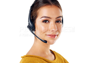 Buy stock photo Communication, technology and portrait of woman at call center isolated with smile on white background. Telemarketing, crm and girl in headset at help desk for customer service phone call in studio.