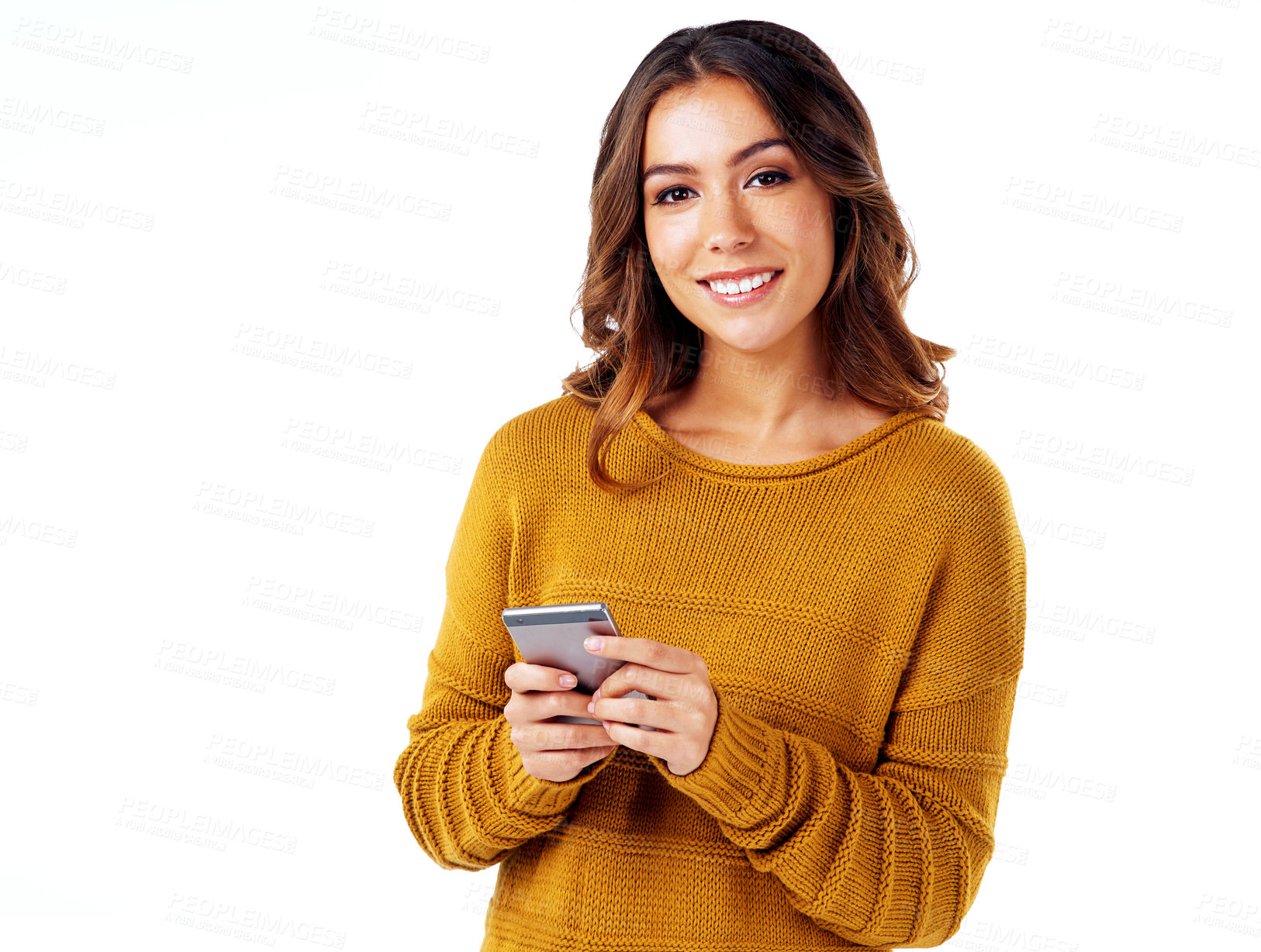 Buy stock photo Communication, internet and woman with phone isolated with smile and typing message or email on white background. Portrait of happy woman, networking on social media, influencer with smartphone app.