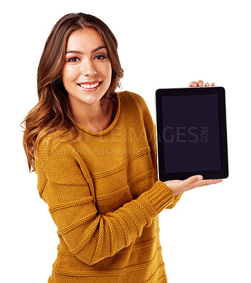 Buy stock photo Woman, portrait or tablet mockup screen on isolated white background for college elearning, video call or ecommerce. Smile, happy or model on technology mock up for logo branding or digital marketing