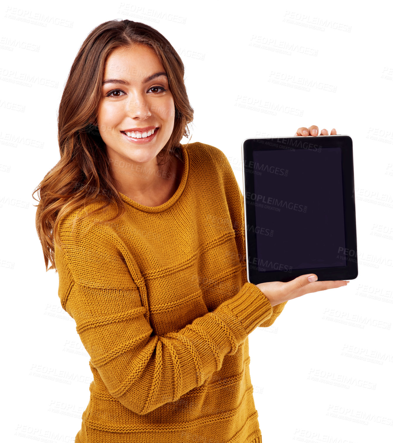 Buy stock photo Woman, portrait or tablet mockup screen on isolated white background for college elearning, video call or ecommerce. Smile, happy or model on technology mock up for logo branding or digital marketing