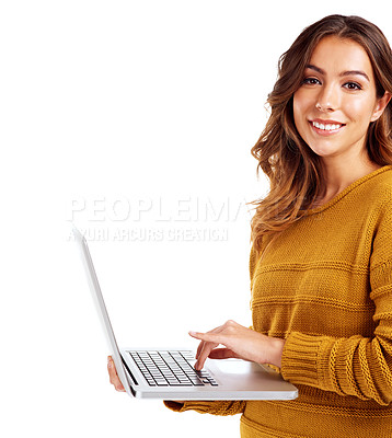 Buy stock photo Woman, laptop and studio portrait for typing, communication or coding by white background. Isolated model, mobile computer and smile for web networking, programming or email with online connection