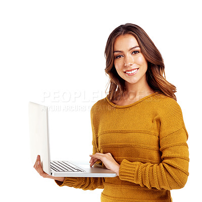 Buy stock photo IT woman, studio portrait and laptop for software, communication or coding by white background. Isolated model, mobile computer and focus for cybersecurity, programming career and web connection