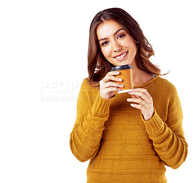 Buy stock photo Woman, portrait and coffee with drink, vision and success during coffee break isolated on white background. Face, tea and takeaway with happy woman, content and freedom with mockup and latte 