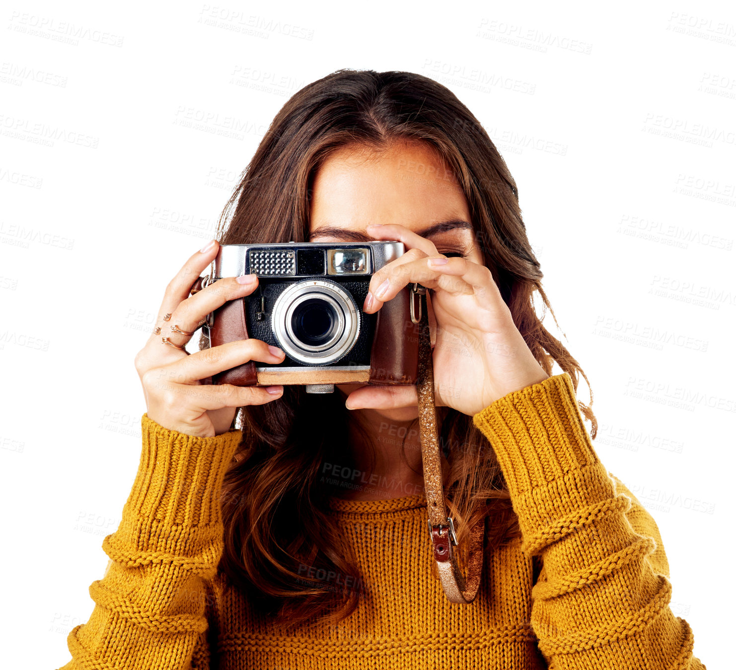 Buy stock photo Photographer woman, holding camera and studio for creativity, photoshoot and content by white background. Isolated creative, artist and retro technology for photo, picture and art for career vision