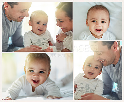 Buy stock photo Composite of an adorable baby boy bonding with his father and father at home