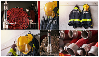 Buy stock photo Composite of firefighting fear in a fire station
