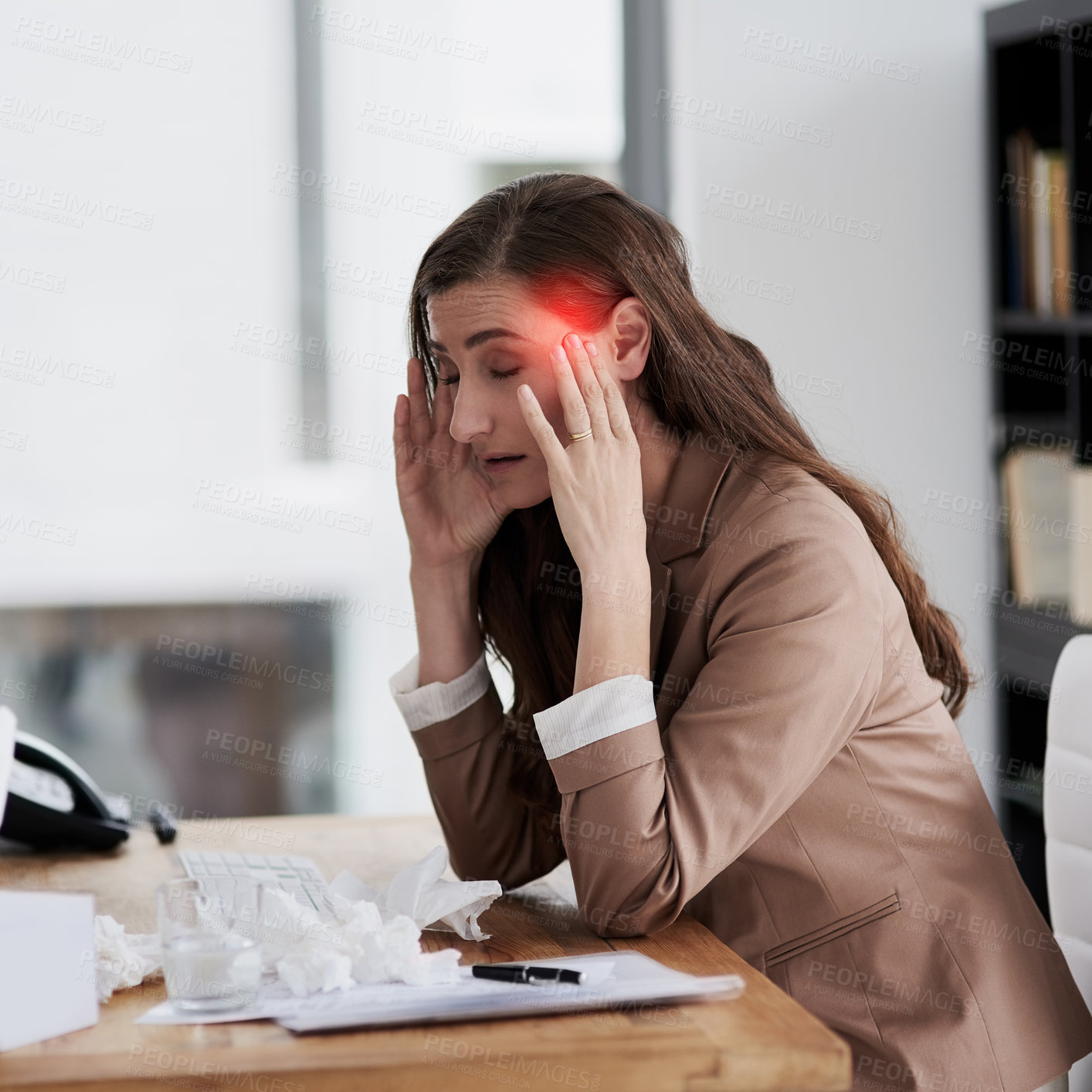 Buy stock photo Red, woman and headache in pain or fever symptoms of migraine as admin in office for help or medicine. Female person, worker and sick or unhealthy with reaction in season of allergies in workplace