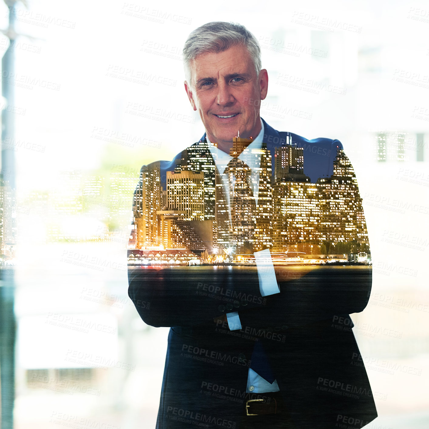 Buy stock photo Multiple exposure shot of a mature businessman superimposed over a cityscape