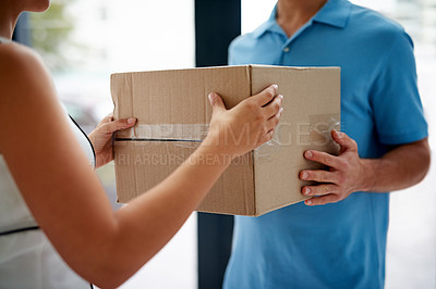 Buy stock photo Front door, delivery guy or hands of customer with boxes for ecommerce distribution or online shopping. Shipping services, closeup or courier man giving cardboard parcel, product or package in home