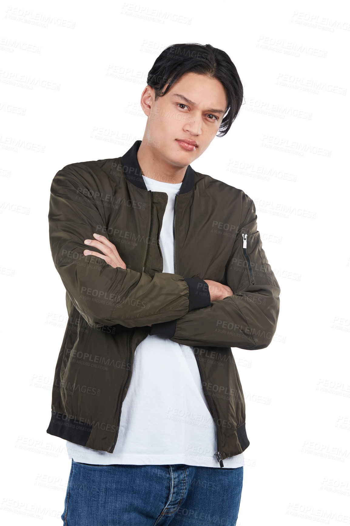 Buy stock photo Confident, trendy and portrait of an Asian man with arms crossed isolated on a white background. Fashion, cool and edgy model posing with confidence, tough style and serious on a studio backdrop