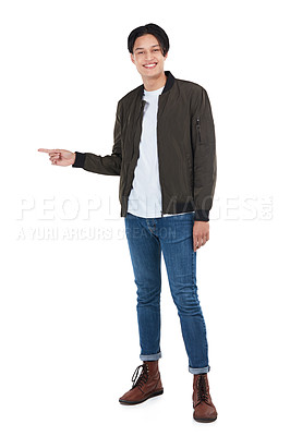 Buy stock photo Happy, mockup and pointing with portrait of man and idea for question, product and deal choice. Smile, solution and sales with isolated guy for discount, decision and planning in white background