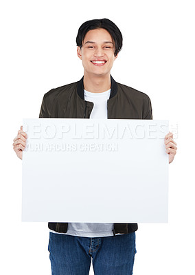 Buy stock photo Smile, portrait and Asian man with poster for mockup, marketing or advertising space in studio isolated on white background. Product placement, branding and male with banner for mock up or promotion.