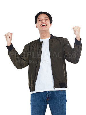 Buy stock photo Portrait, winner and success celebration of man in studio isolated on white background. Winning, achievement and happy, young and excited male fist pump celebrating goals, targets or lottery victory.