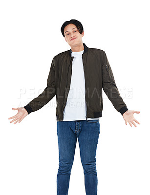 Buy stock photo Man, fashion and shrug portrait while clueless and doubt about a question, advertising or sale. Asian model with open hands while awkward and uncertain about clothes isolated on a white background