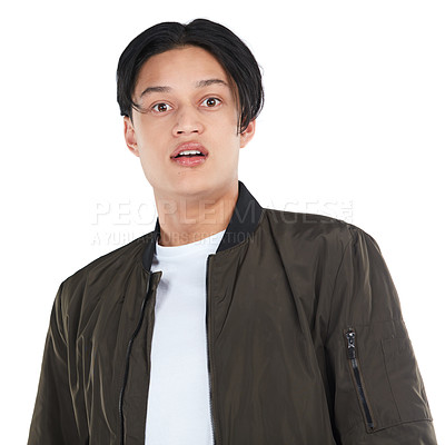 Buy stock photo Studio portrait, asian man and face with surprise, shock expression and disbelief by white background. Isolated asian student, fashion and wow for news, announcement and information with trendy style