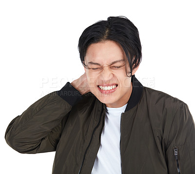 Buy stock photo Neck pain, stress and man with muscle strain in isolated in against a studio white background. Injury, crisis and frustrated young male hurt by burnout, fatigue and pressure