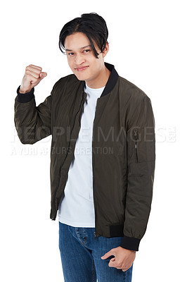 Buy stock photo Portrait, fist and fight with an asian man in studio isolated on a white background ready for conflict or anger. Challenge, angry and fighter with a male on blank space for marketing or advertising