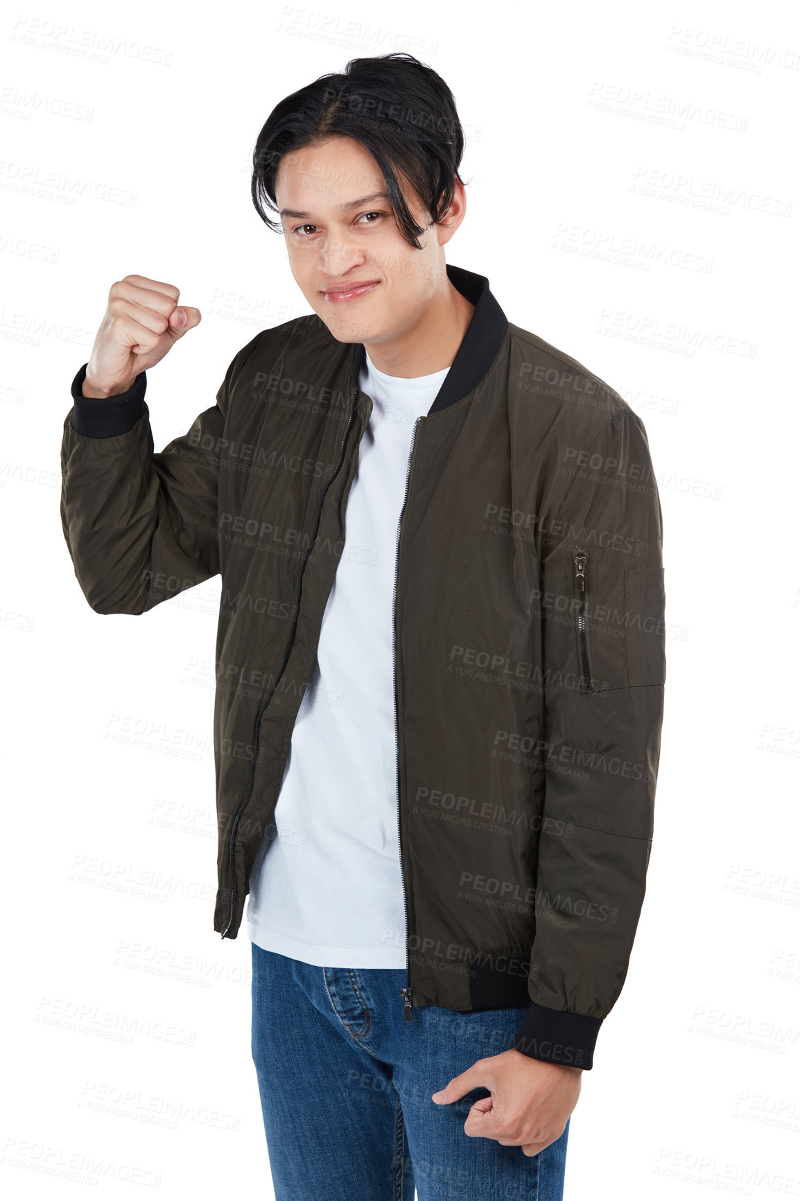 Buy stock photo Portrait, fist and fight with an asian man in studio isolated on a white background ready for conflict or anger. Challenge, angry and fighter with a male on blank space for marketing or advertising