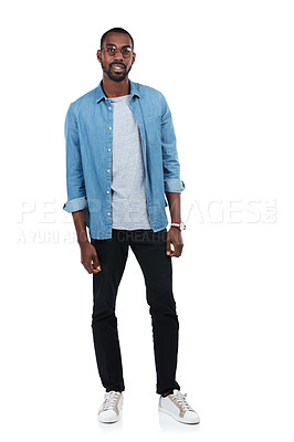 Buy stock photo Young black man, full body portrait and standing ready isolated in white background studio for casual happiness. African man, happy lifestyle and positive mindset energy for confidence and success