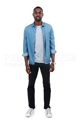 Buy stock photo Portrait, fashion and mockup with a model black man in studio isolated on a white background for clothes branding. Style, casual and product placement with a handsome young male posing on blank space