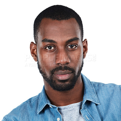 Buy stock photo Headshot, handsome and portrait of a serious black man isolated on a white background in studio. Fashion, stylish and face of an African man with a beard, confidence and style on a studio background