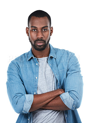 Buy stock photo Portrait of black man with confidence, serious and isolated on white background in denim shirt. Casual fashion, trendy startup owner and person in creative space at startup and boss face in studio.