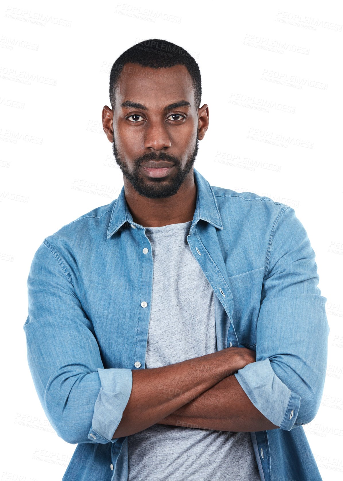 Buy stock photo Portrait of black man with confidence, serious and isolated on white background in denim shirt. Casual fashion, trendy startup owner and person in creative space at startup and boss face in studio.